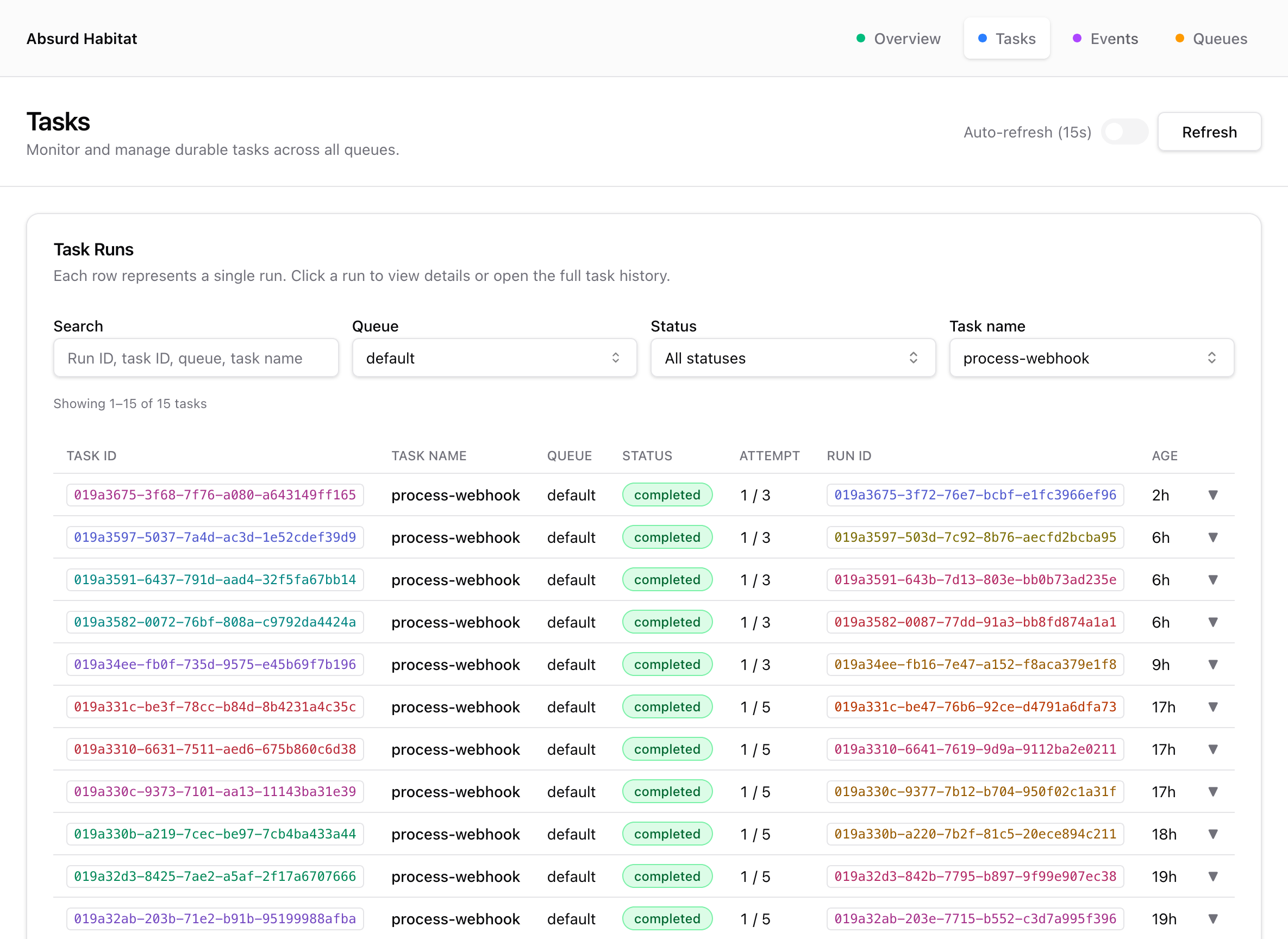 Screenshot of the Habitat dashboard